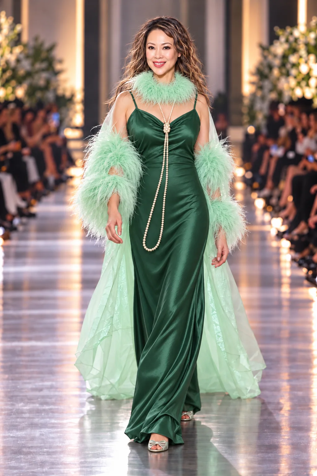 Sue Wang in an emerald gown with pearl and feather details